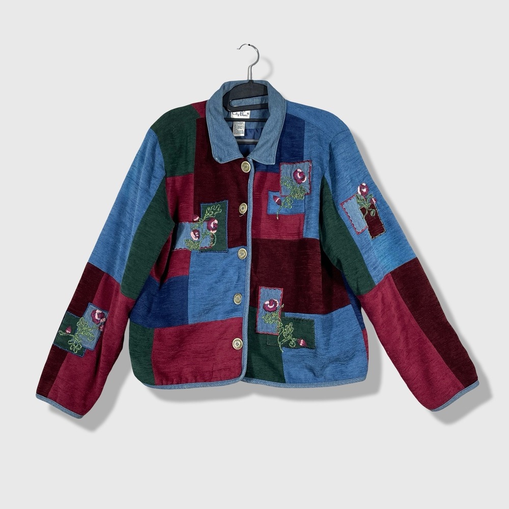 Vtg Koret City Blues Patchwork Jacket Womens L Multicolor Floral Cottagecore Art